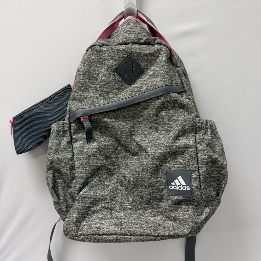 Adidas Grey Heather Squad Backpack Pink Accents w Pencil Case
